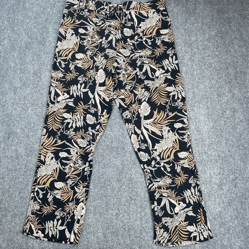 Per Se Linen Blend Pants Womens XL Black Floral Drawstring Stretch Waist Pockets